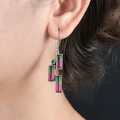Epic Deal Sajen Silver Watermelon Quartz (Triplet) and Celestial Green Coated Quartz 12.50 ctw Earrings in Rhodium Over Sterling Silver