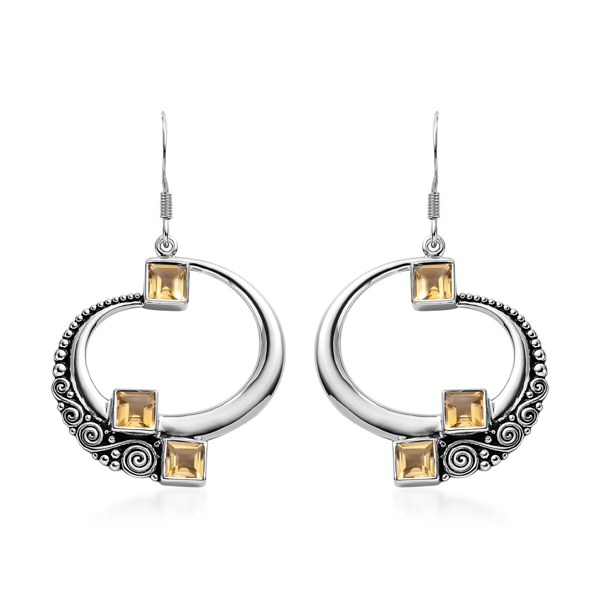Yellow Citrine Swirl Coil Design Sterling Silver Drop Earrings