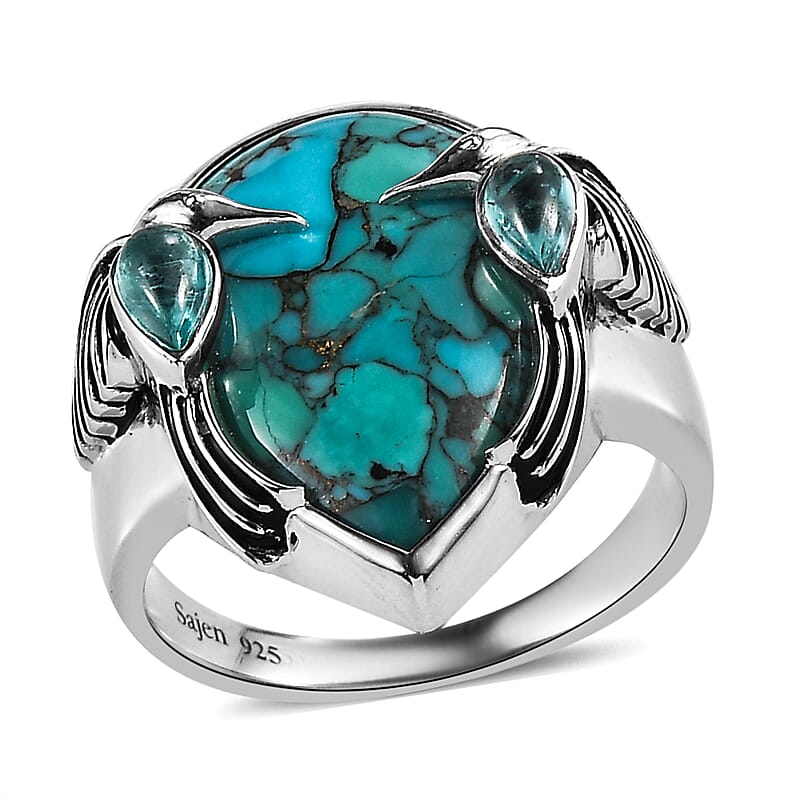 Sajen Silver Recon Turquoise and Blue Apatite 10.20 ctw Ring in Rhodium Over Sterling Silver (Size 10.0)