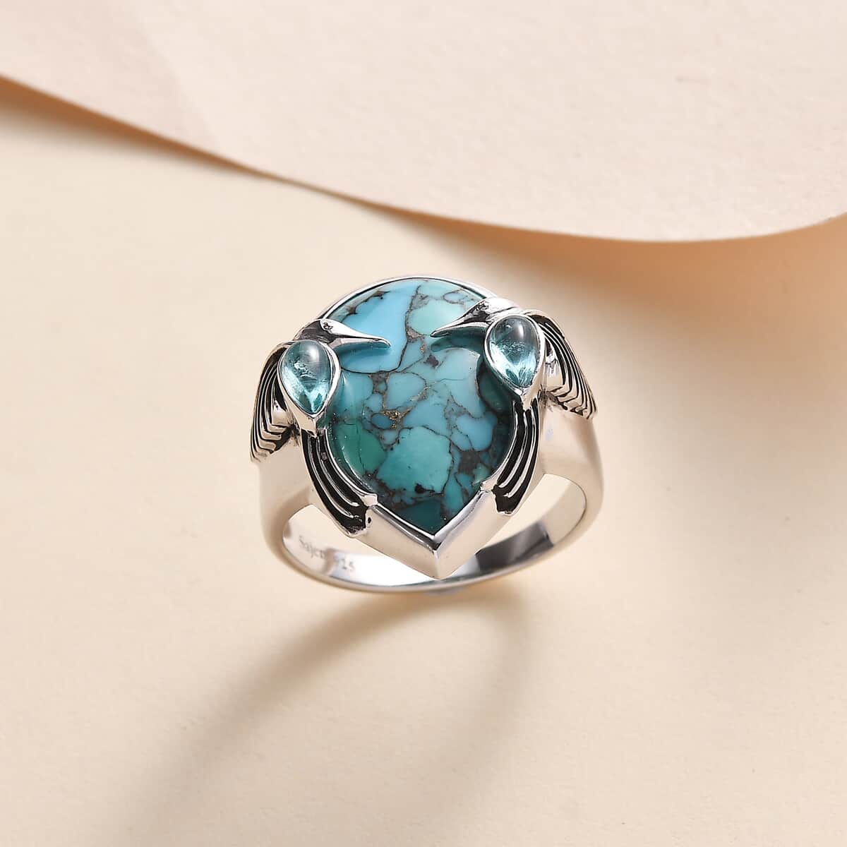 Sajen Silver Recon Turquoise and Blue Apatite Ring in Rhodium Over Sterling Silver (Size 10.0) 10.20 ctw image number 1