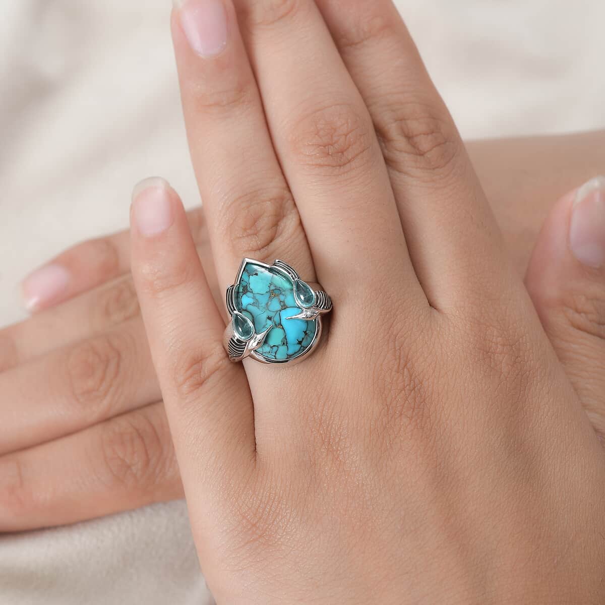 Sajen Silver Recon Turquoise and Blue Apatite Ring in Rhodium Over Sterling Silver (Size 10.0) 10.20 ctw image number 2