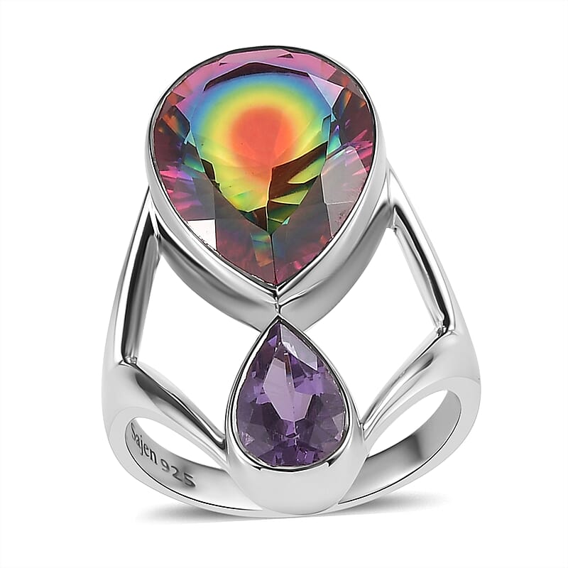 Sajen Silver Celestial Starlight Quartz Doublet and African Amethyst 9.65 ctw Ring in Rhodium Over Sterling Silver (Size 10.0)