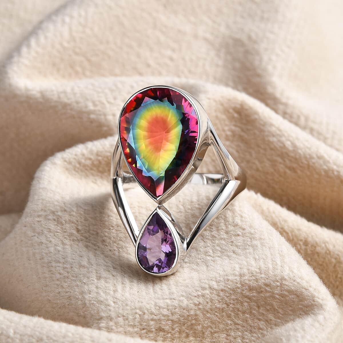 Sajen Silver Nebula Quartz Doublet and African Amethyst Ring in Rhodium Over Sterling Silver (Size 10.0) 9.65 ctw image number 1