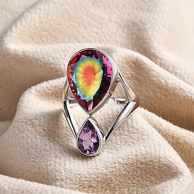 Sajen Silver Celestial Starlight Quartz Doublet and African Amethyst 9.65 ctw Ring in Rhodium Over Sterling Silver (Size 10.0)