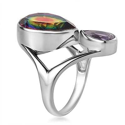 Sajen Silver Celestial Starlight Quartz Doublet and African Amethyst 9.65 ctw Ring in Rhodium Over Sterling Silver (Size 10.0)