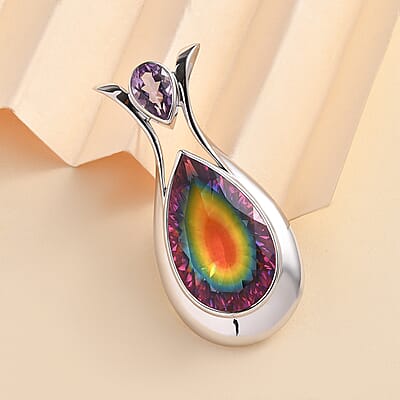 Sajen Silver Celestial Starlight Quartz Doublet and African Amethyst 17.35 ctw Pendant in Rhodium Over Sterling Silver