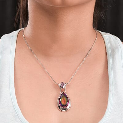 Sajen Silver Celestial Starlight Quartz Doublet and African Amethyst 17.35 ctw Pendant in Rhodium Over Sterling Silver