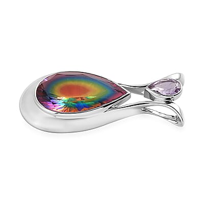 Sajen Silver Celestial Starlight Quartz Doublet and African Amethyst 17.35 ctw Pendant in Rhodium Over Sterling Silver