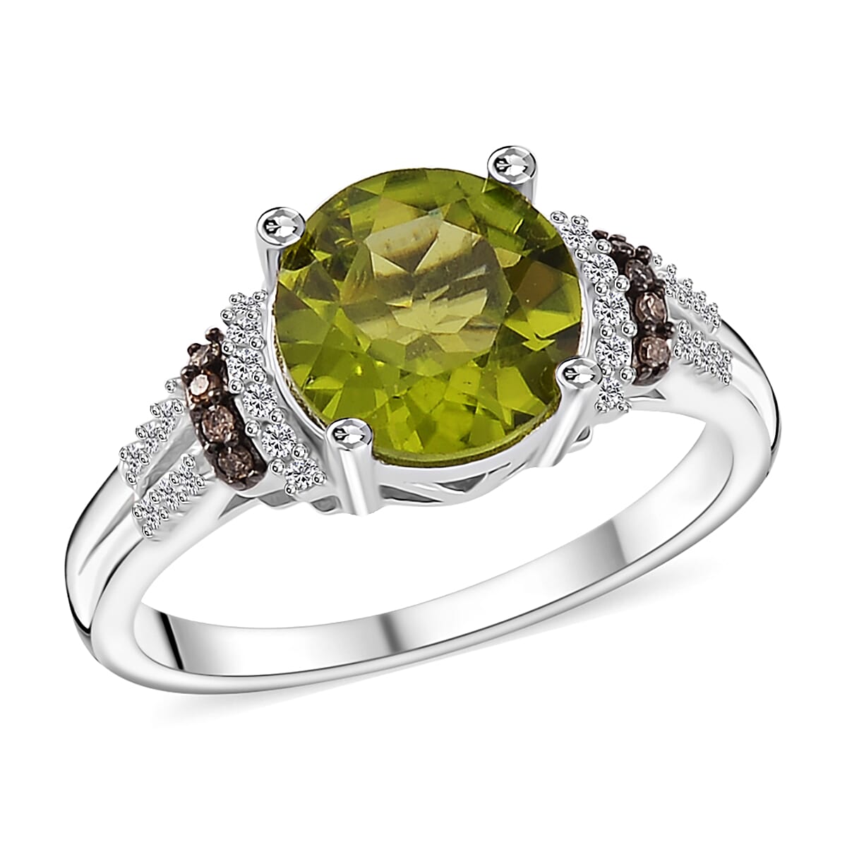 Hebei Peridot, Natural Champagne and White Diamond 3.15 ctw Elegant Ring in Rhodium Sterling Silver (Size 10.0)
