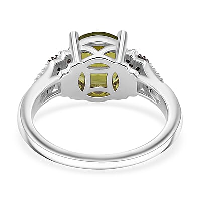Hebei Peridot, Natural Champagne and White Diamond 3.15 ctw Elegant Ring in Rhodium Sterling Silver (Size 10.0)