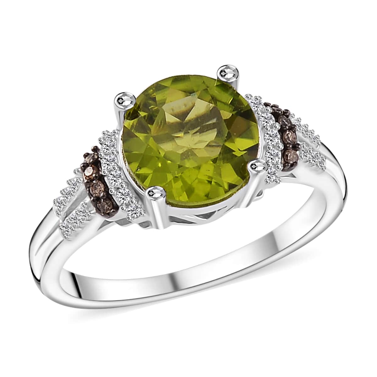 Hebei Peridot, Natural Champagne and White Diamond 3.15 ctw Elegant Ring in Rhodium Sterling Silver (Size 8.0) image number 0