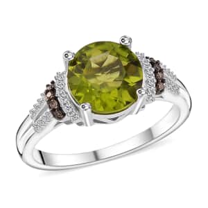 Hebei Peridot, Natural Champagne and White Diamond 3.15 ctw Elegant Ring in Rhodium Sterling Silver (Size 8.0)