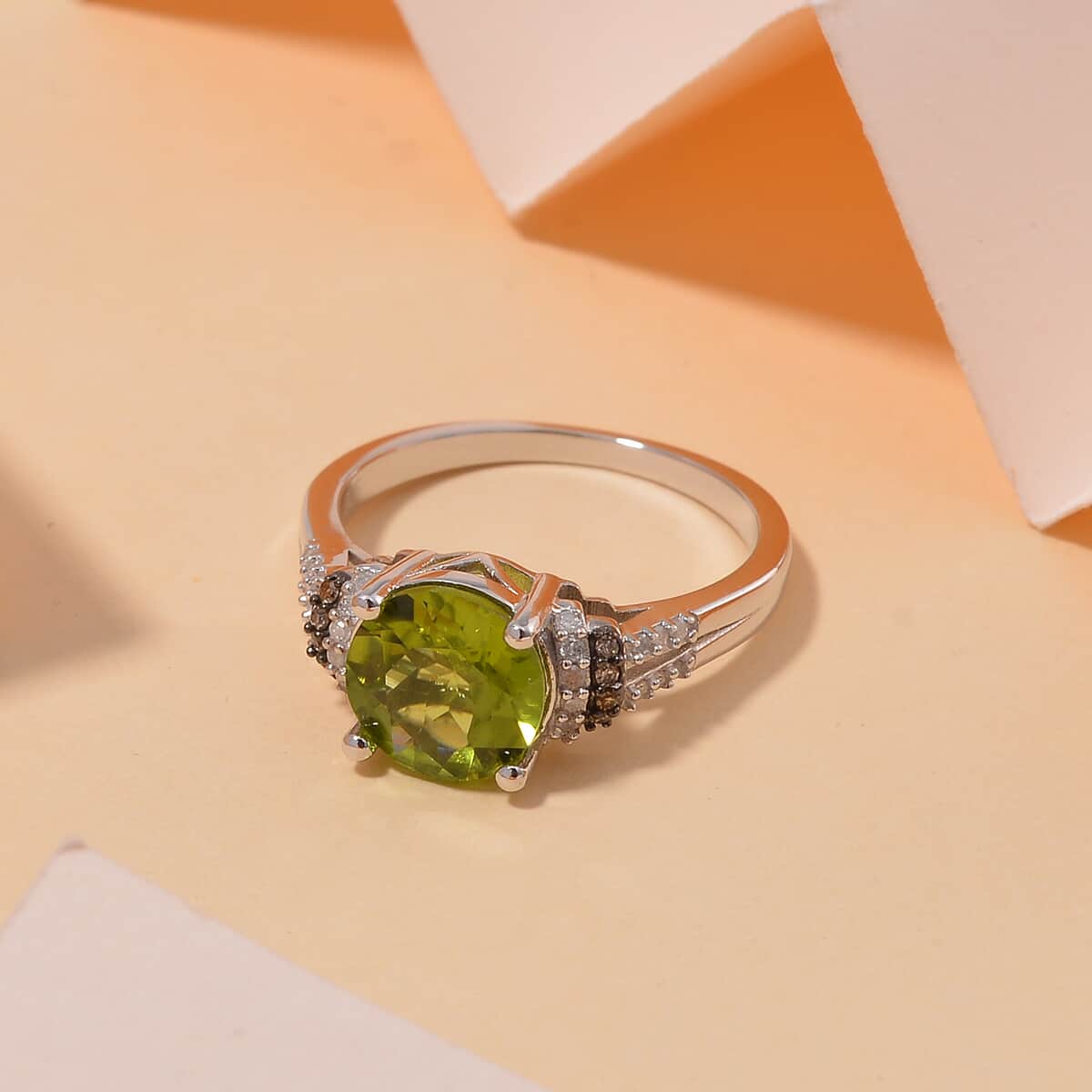 Peridot, Natural Champagne and White Diamond Ring in Rhodium Sterling Silver (Size 10.0) 3.15 ctw image number 1