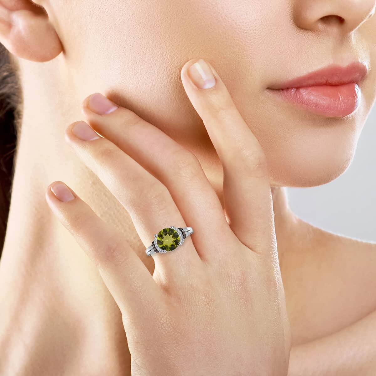 Peridot, Natural Champagne and White Diamond Ring in Rhodium Sterling Silver (Size 10.0) 3.15 ctw image number 2