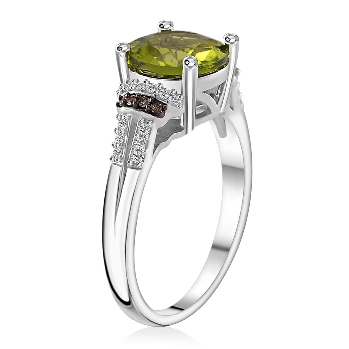 Hebei Peridot, Natural Champagne and White Diamond 3.15 ctw Elegant Ring in Rhodium Sterling Silver (Size 8.0) image number 3