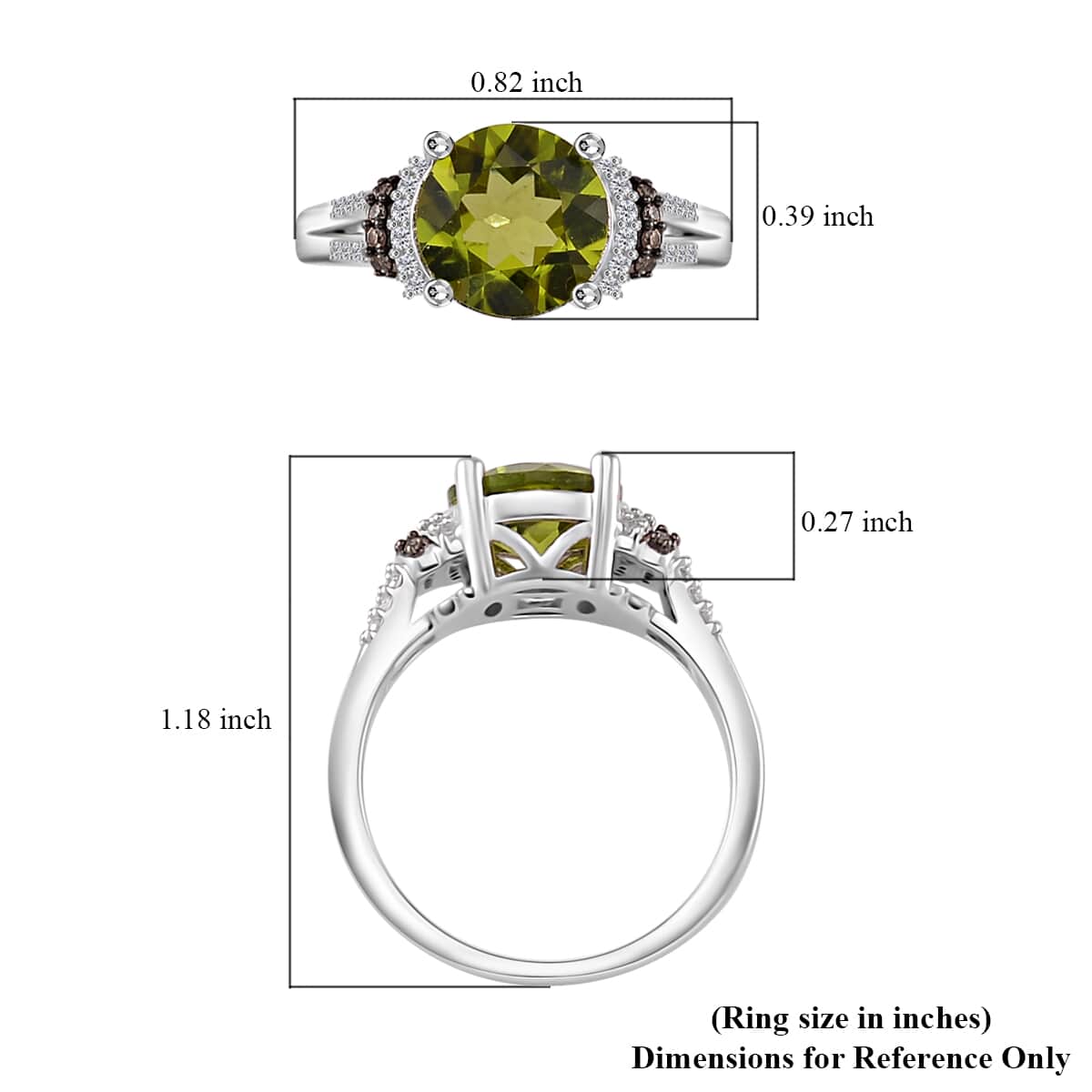 Hebei Peridot, Natural Champagne and White Diamond 3.15 ctw Elegant Ring in Rhodium Sterling Silver (Size 8.0) image number 5