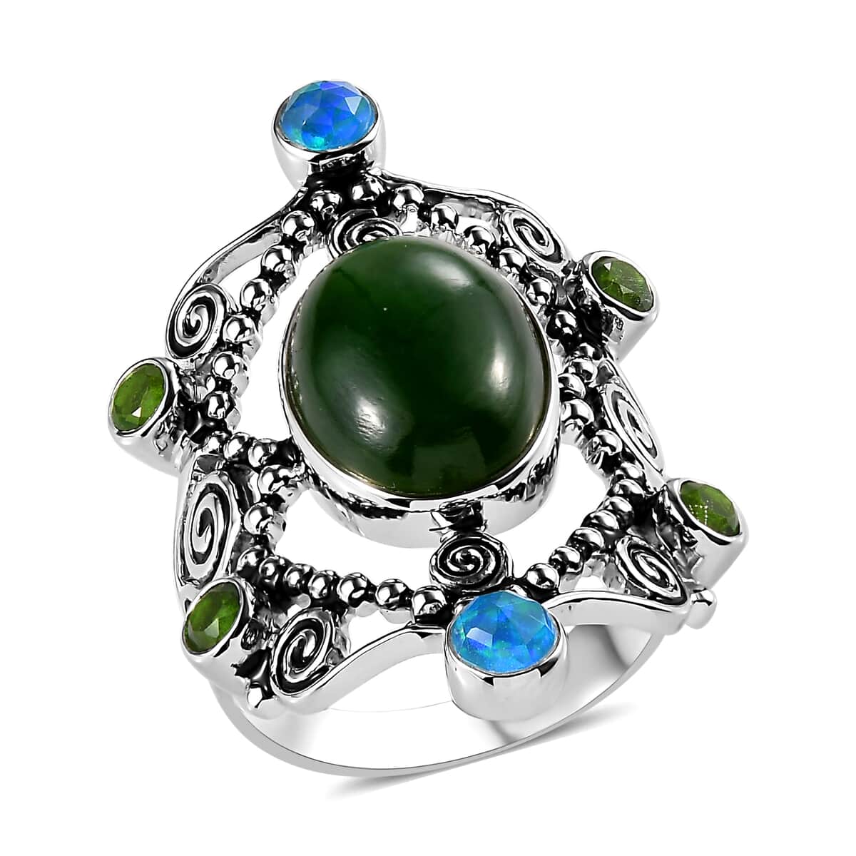 Sajen Silver Nephrite Jade and Multi Gemstone 8.35 ctw Ring in Rhodium Over Sterling Silver (Size 6.0) image number 0