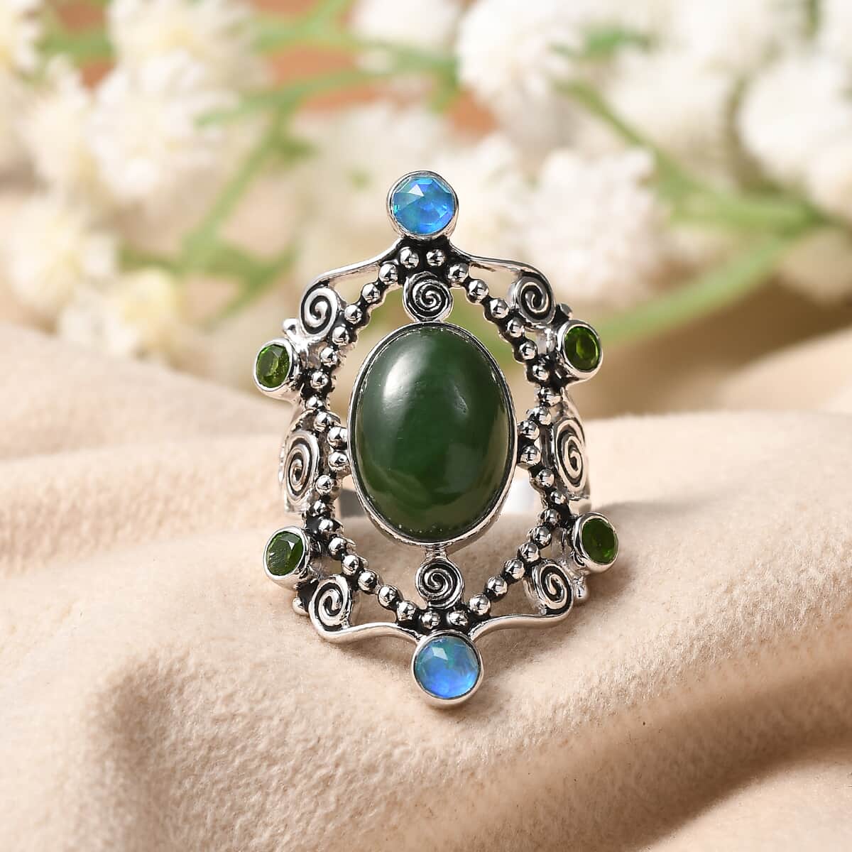 Sajen Silver Nephrite Jade and Multi Gemstone 8.35 ctw Ring in Rhodium Over Sterling Silver (Size 6.0) image number 1