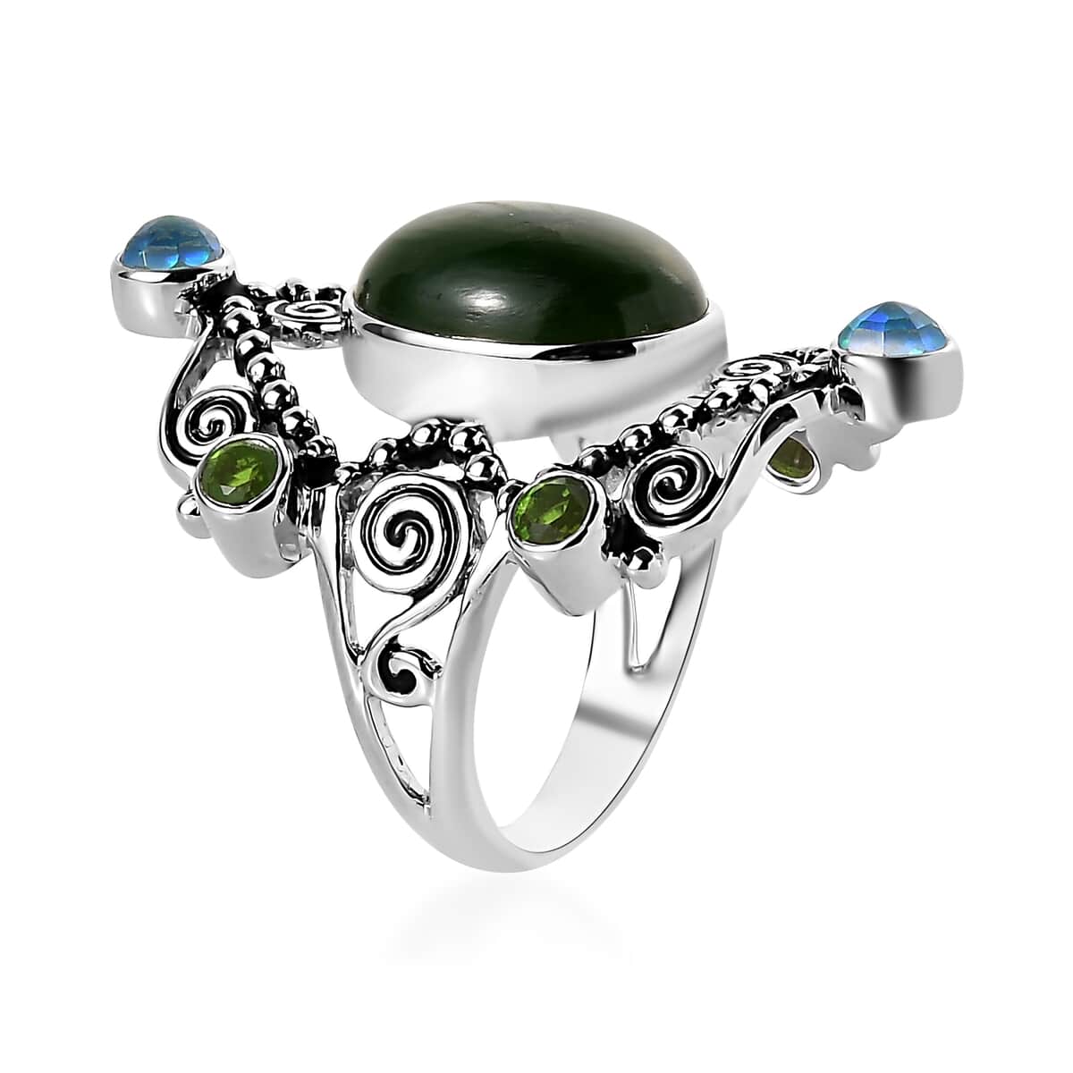 Sajen Silver Nephrite Jade and Multi Gemstone 8.35 ctw Ring in Rhodium Over Sterling Silver (Size 6.0) image number 3