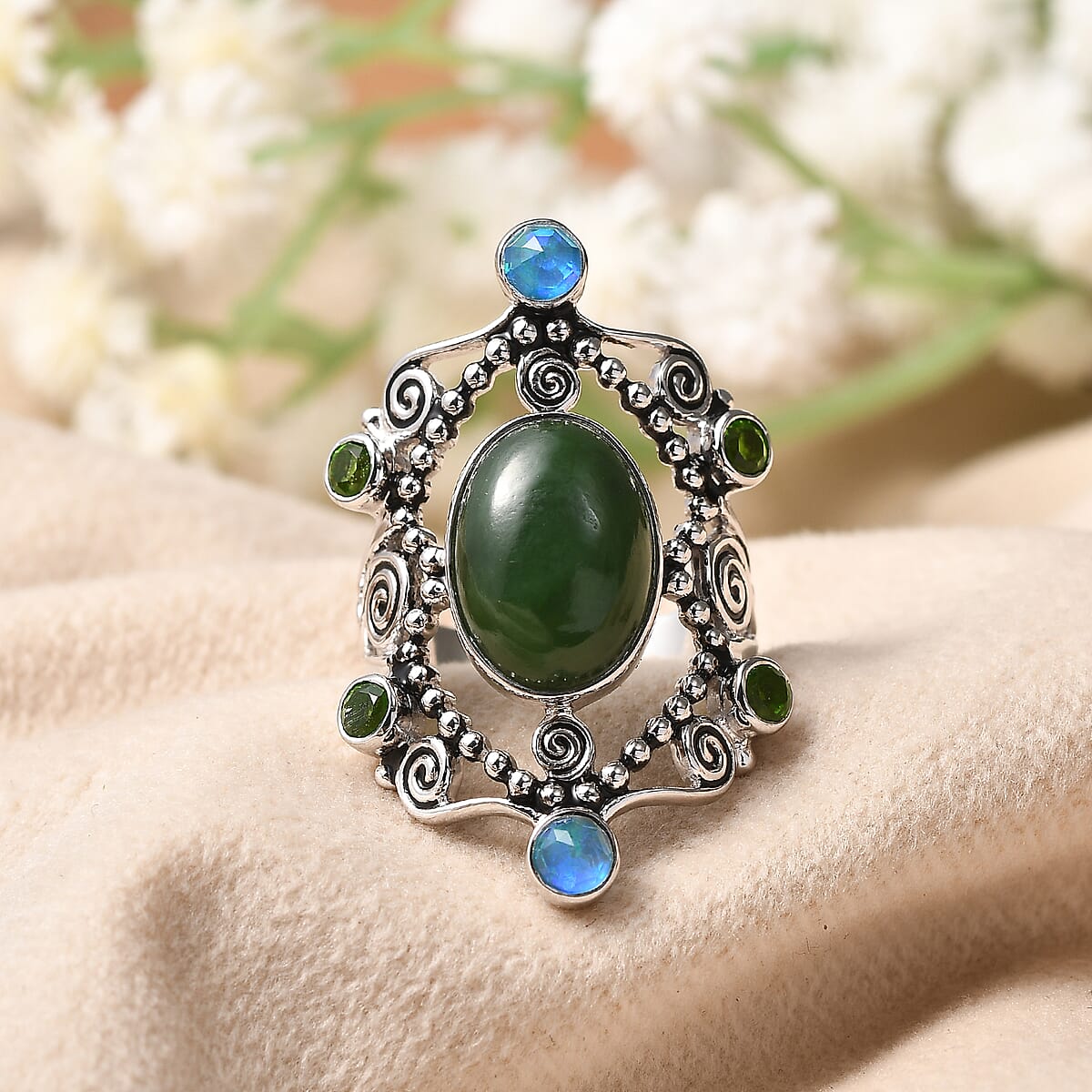 Sajen Silver Nephrite Jade and Multi Gemstone 8.35 ctw Ring in Rhodium Over Sterling Silver (Size 7.0) image number 1