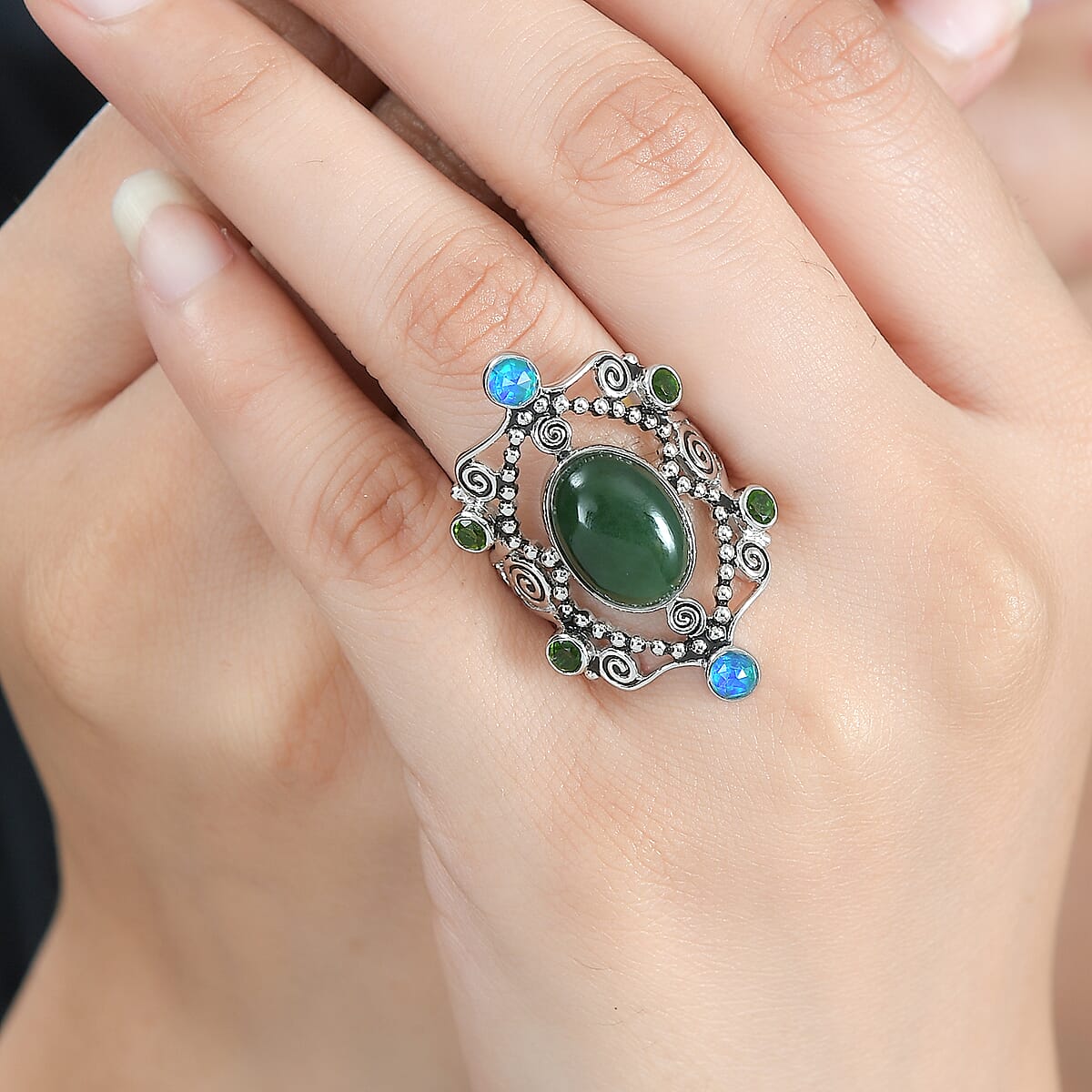 Sajen Silver Nephrite Jade and Multi Gemstone 8.35 ctw Ring in Rhodium Over Sterling Silver (Size 7.0) image number 2