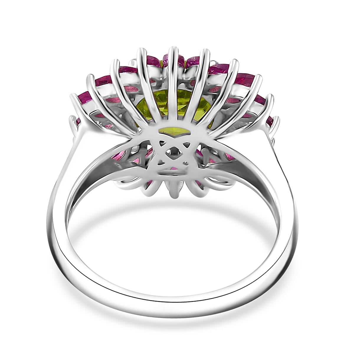 Hebei Peridot and Orissa Rhodolite Garnet 5.25 ctw Scarlet Star Ring in Rhodium Over Sterling Silver (Size 10.0)