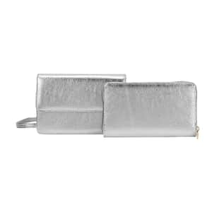 Metallic Silver Faux Leather 2in 1 Sling Crossbody Bag with Shoulder Strap