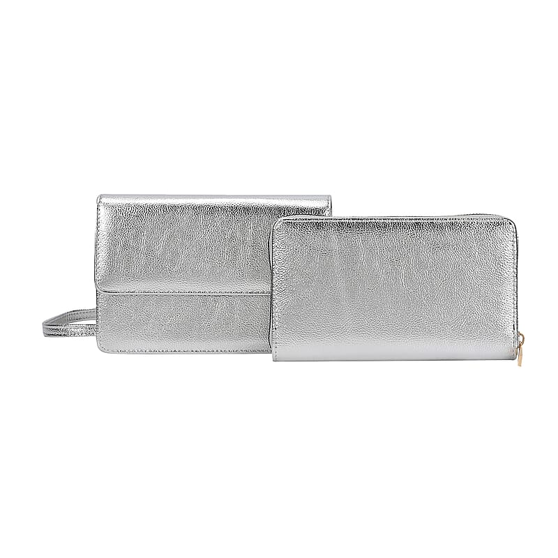 Metallic Silver Faux Leather 2in 1 Sling Crossbody Bag with Shoulder Strap