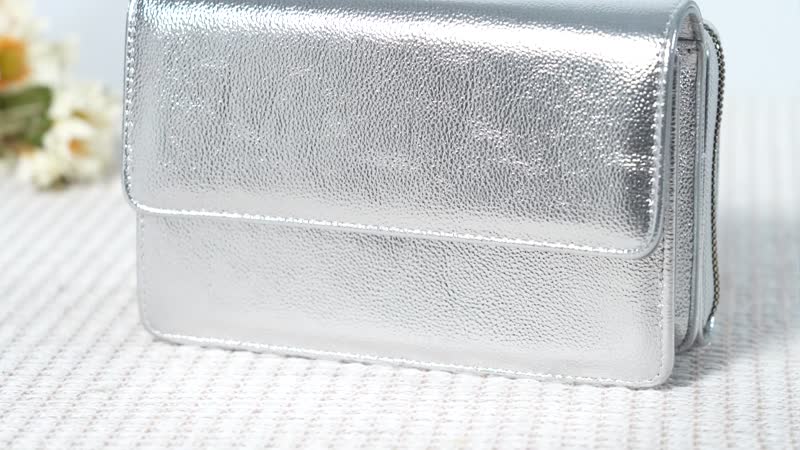 Metallic Silver Faux Leather 2in 1 Sling Crossbody Bag (7.48"x4.7"x2.8") with Shoulder Strap