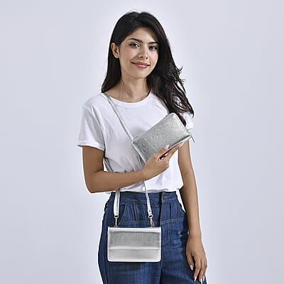 Metallic Silver Faux Leather 2in 1 Sling Crossbody Bag with Shoulder Strap