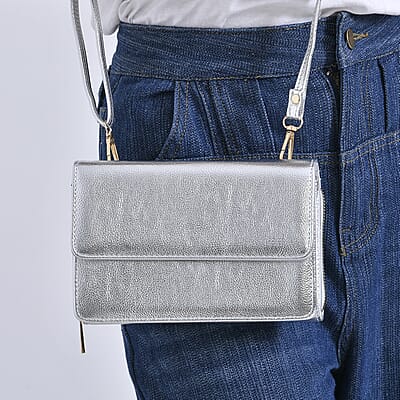 Metallic Silver Faux Leather 2in 1 Sling Crossbody Bag with Shoulder Strap