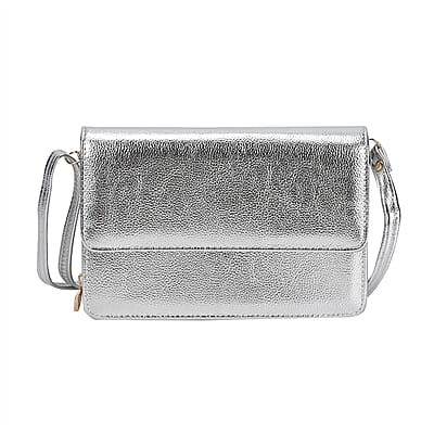 Metallic Silver Faux Leather 2in 1 Sling Crossbody Bag with Shoulder Strap