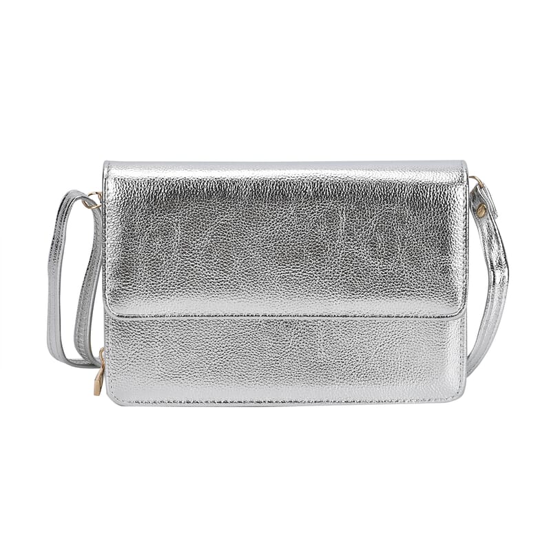 Metallic Silver Faux Leather 2in 1 Sling Crossbody Bag with Shoulder Strap
