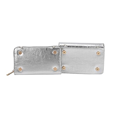 Metallic Silver Faux Leather 2in 1 Sling Crossbody Bag with Shoulder Strap