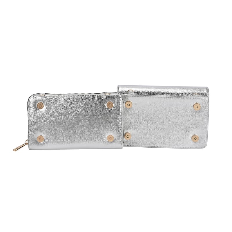 Metallic Silver Faux Leather 2in 1 Sling Crossbody Bag with Shoulder Strap