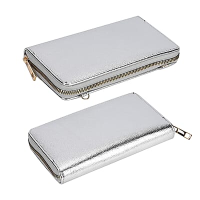 Metallic Silver Faux Leather 2in 1 Sling Crossbody Bag with Shoulder Strap