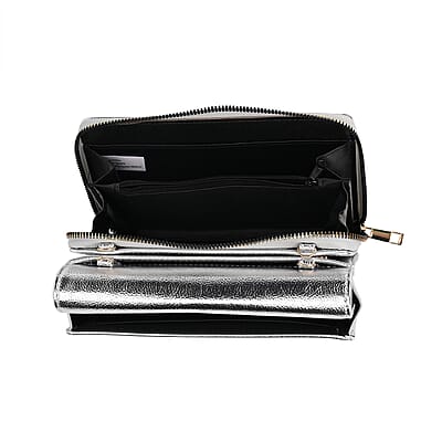 Metallic Silver Faux Leather 2in 1 Sling Crossbody Bag with Shoulder Strap