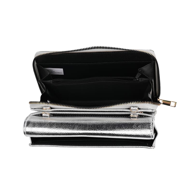 Metallic Silver Faux Leather 2in 1 Sling Crossbody Bag with Shoulder Strap