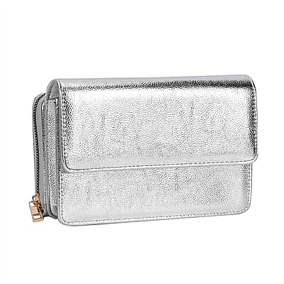 Metallic Silver Faux Leather 2in 1 Sling Crossbody Bag with Shoulder Strap