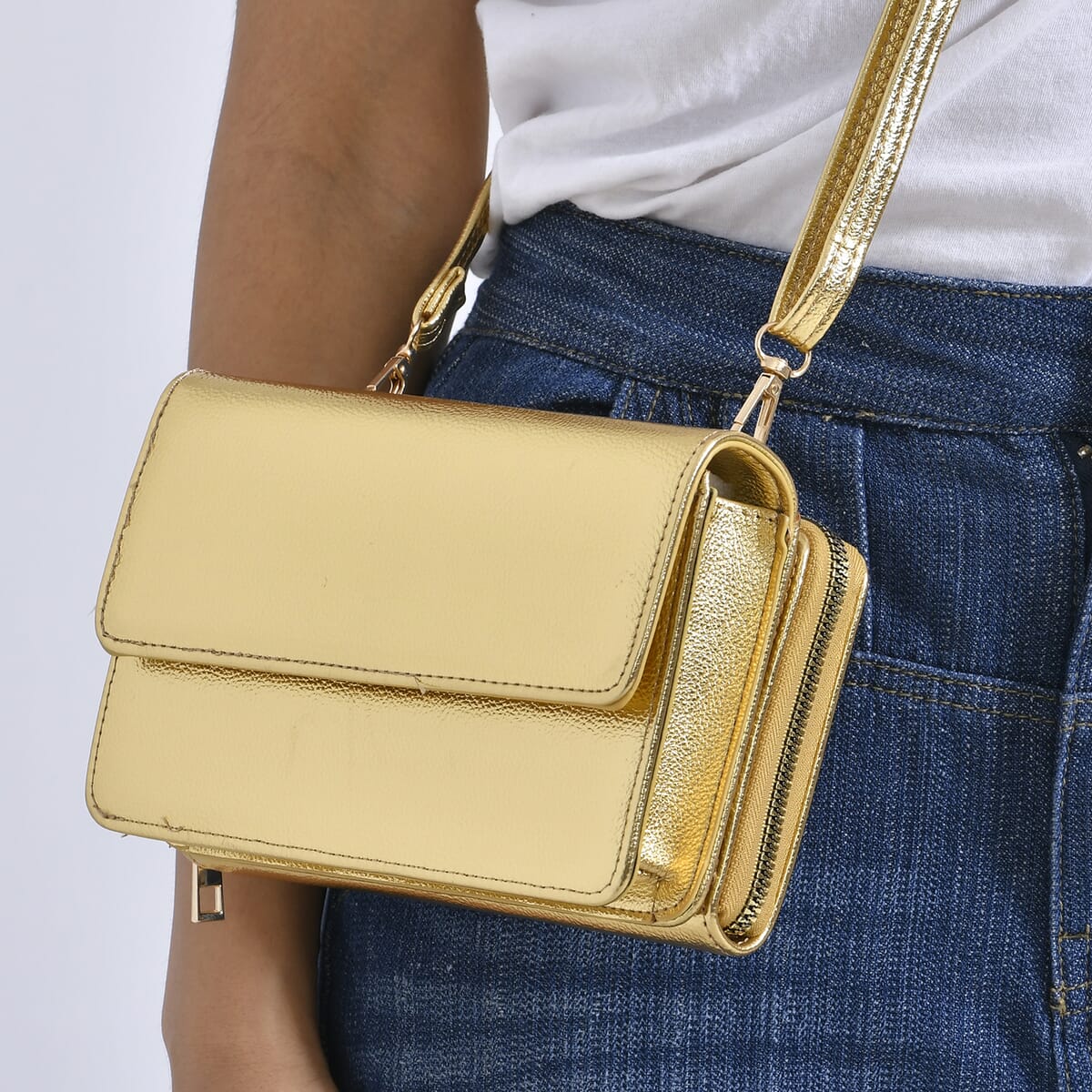 Golden Faux Leather 2in 1 Sling Crossbody Bag with Shoulder Strap image number 2