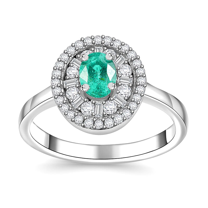 AAA Boyaca Colombian Emerald and Diamond 0.60 ctw Verdant Halo Ring in Rhodium Over Sterling Silver (Size 10.0)