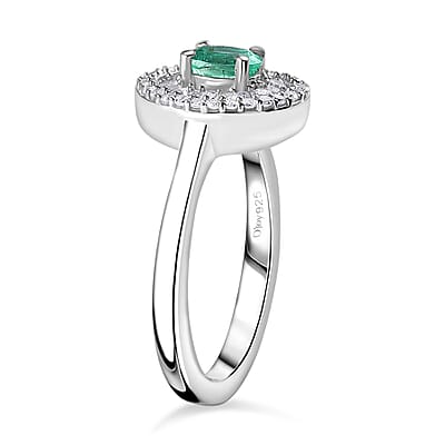 AAA Boyaca Colombian Emerald and Diamond 0.60 ctw Verdant Halo Ring in Rhodium Over Sterling Silver (Size 10.0)