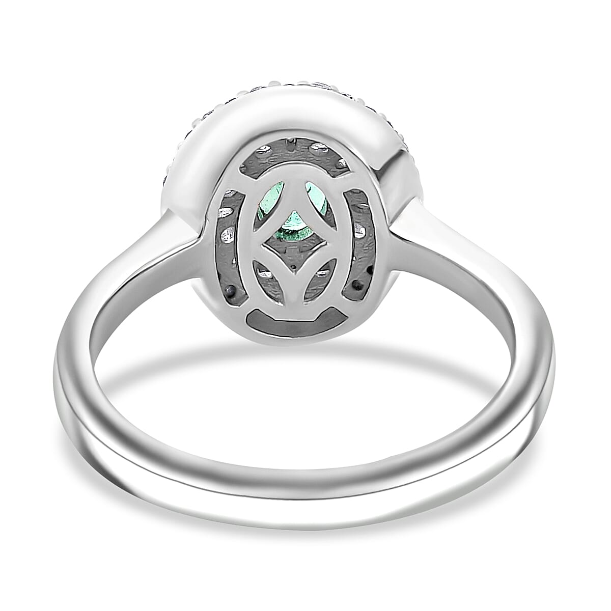 AAA Boyaca Colombian Emerald and Diamond 0.60 ctw Verdant Halo Ring in Rhodium Over Sterling Silver (Size 10.0)