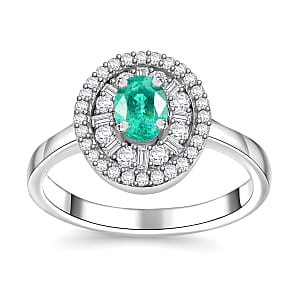 AAA Boyaca Colombian Emerald and Diamond 0.60 ctw Verdant Halo Ring in Rhodium Over Sterling Silver (Size 6.0)