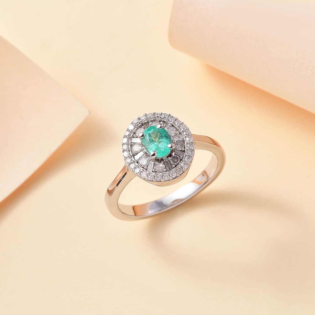 AAA Boyaca Colombian Emerald, Diamond (0.30 cts) Verdant Halo Ring in Rhodium Over Sterling Silver (Size 10.0) 0.60 ctw image number 1