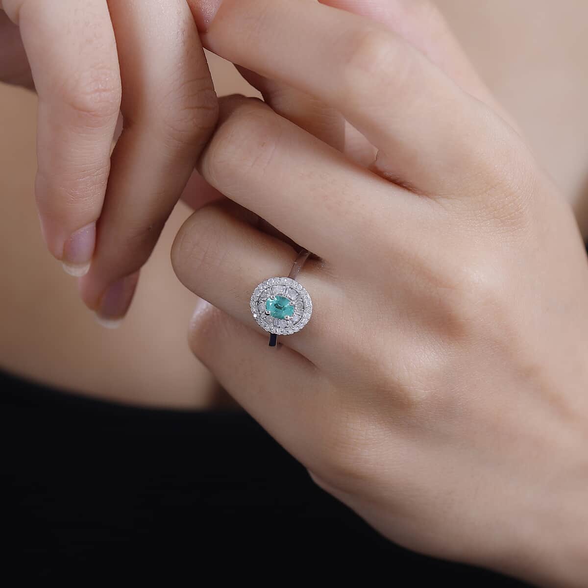 AAA Boyaca Colombian Emerald, Diamond (0.30 cts) Verdant Halo Ring in Rhodium Over Sterling Silver (Size 10.0) 0.60 ctw image number 2