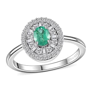 AAA Boyaca Colombian Emerald and Diamond 0.60 ctw Verdant Halo Ring in Rhodium Over Sterling Silver (Size 7.0)