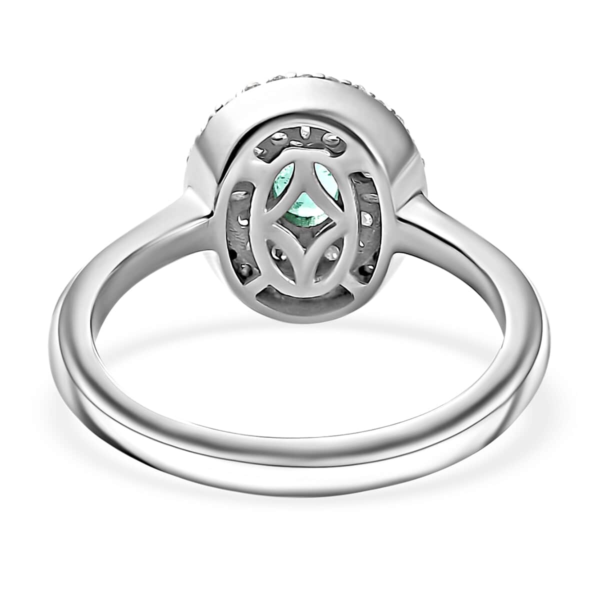 AAA Boyaca Colombian Emerald and Diamond 0.60 ctw Verdant Halo Ring in Rhodium Over Sterling Silver (Size 7.0) image number 3