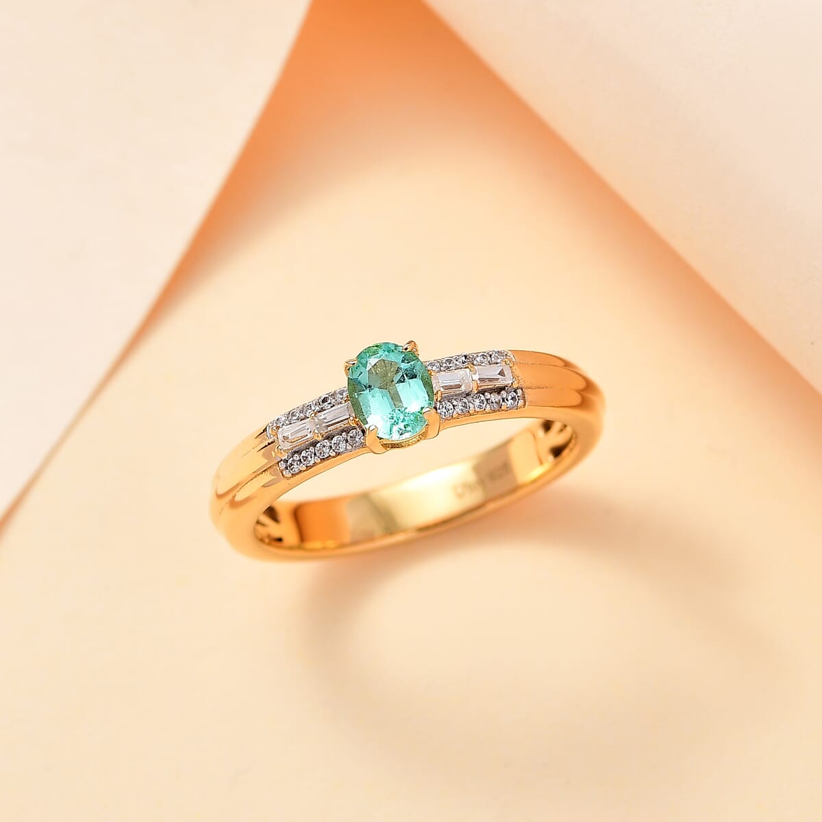 AAA Boyaca Colombian Emerald and White Zircon 0.60 ctw Broad Shank Ring in 18K Vermeil Yellow Gold Over Sterling Silver (Size 6.0) image number 1