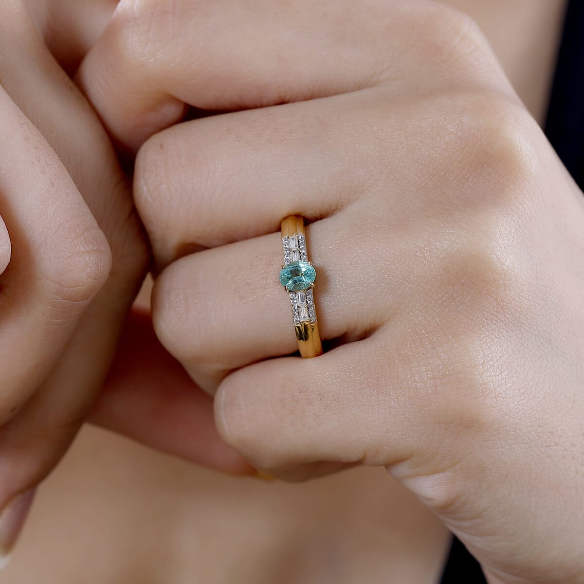 AAA Boyaca Colombian Emerald and White Zircon 0.60 ctw Broad Shank Ring in 18K Vermeil Yellow Gold Over Sterling Silver (Size 6.0) image number 2